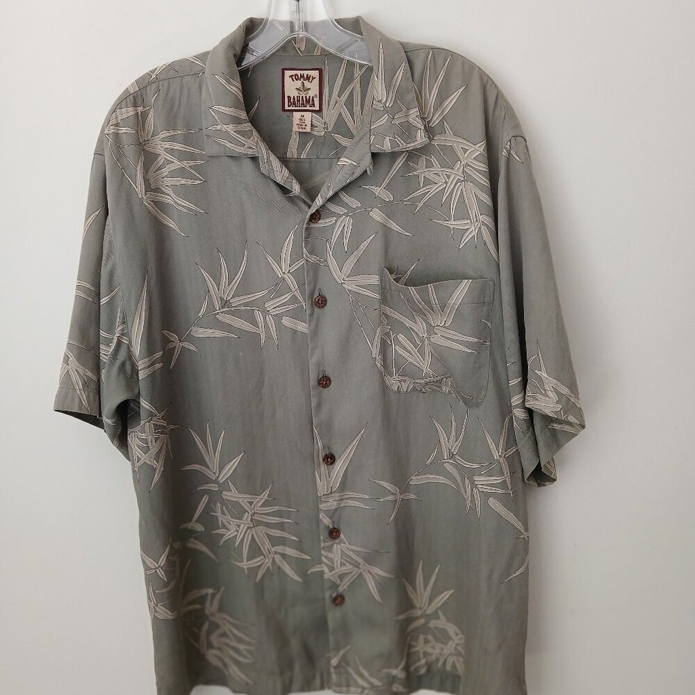 Tommy Bahama Taupe 100% Silk Coconut Button Down Bamboo Print Shirt Sz M